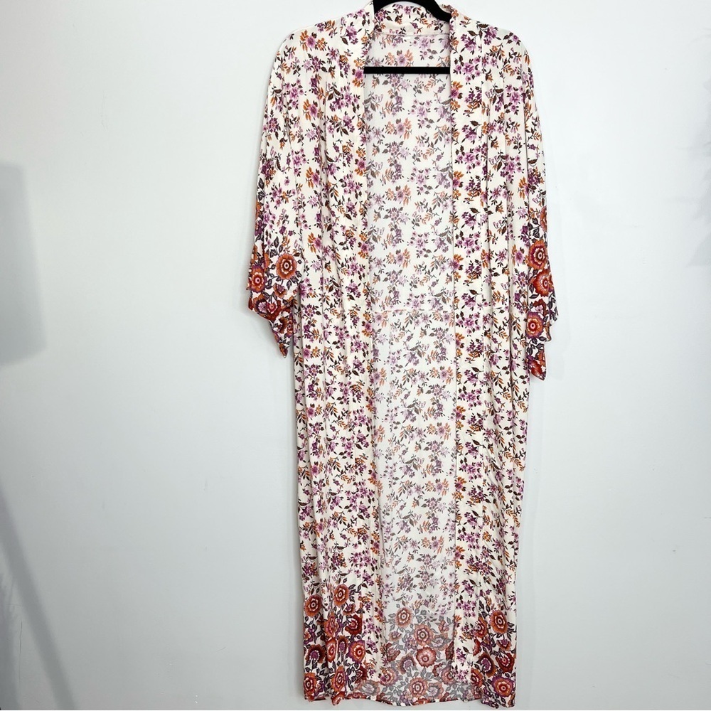 Beige boho cottagecore cotton floral kimono sleeve jacket duster robe - Picture 4 of 13